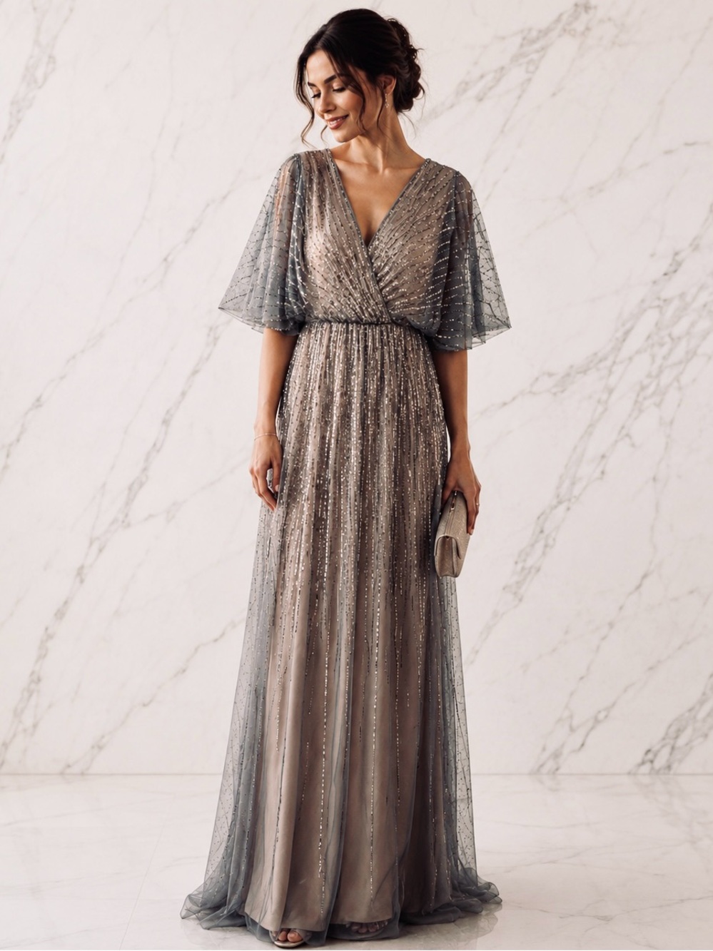 NWT Adrianna Papell Sequin Mesh Flutter Sleeve Dress
